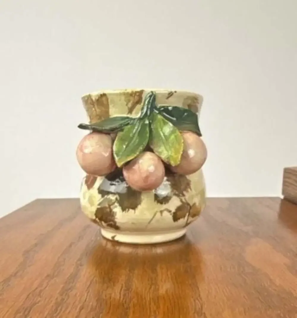 Vintage Italian Majolica Ceramic Bud Vase with Applied Fruit Motif